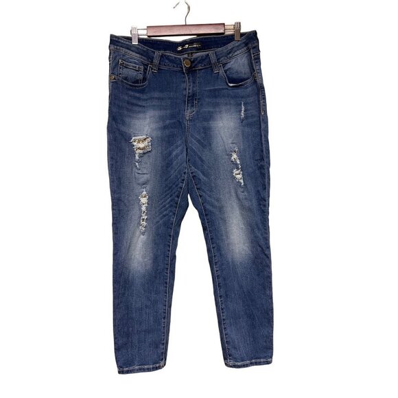 Seven7 Ankle Skinny Distressed Sequin Detail Denim Blue Jeans Women's Size 16 - Picture 1 of 12